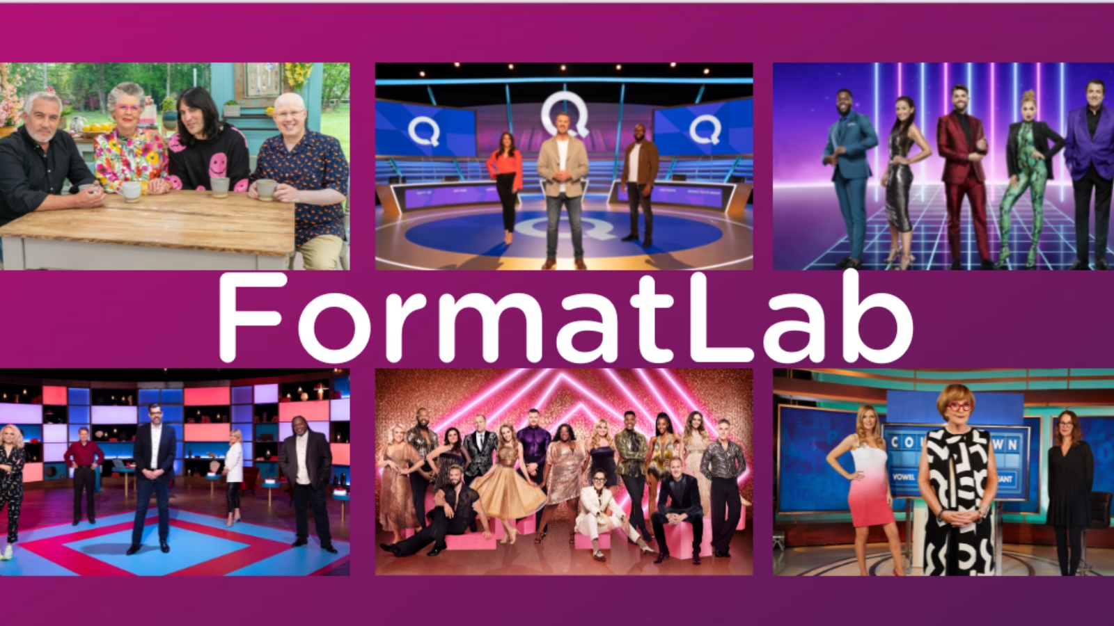 In the centre of the image are the words Format Lab, surrounded by six promotional images of television shows including The Great British Bake Off, Countdown, and Richard Osmond's House of Games.